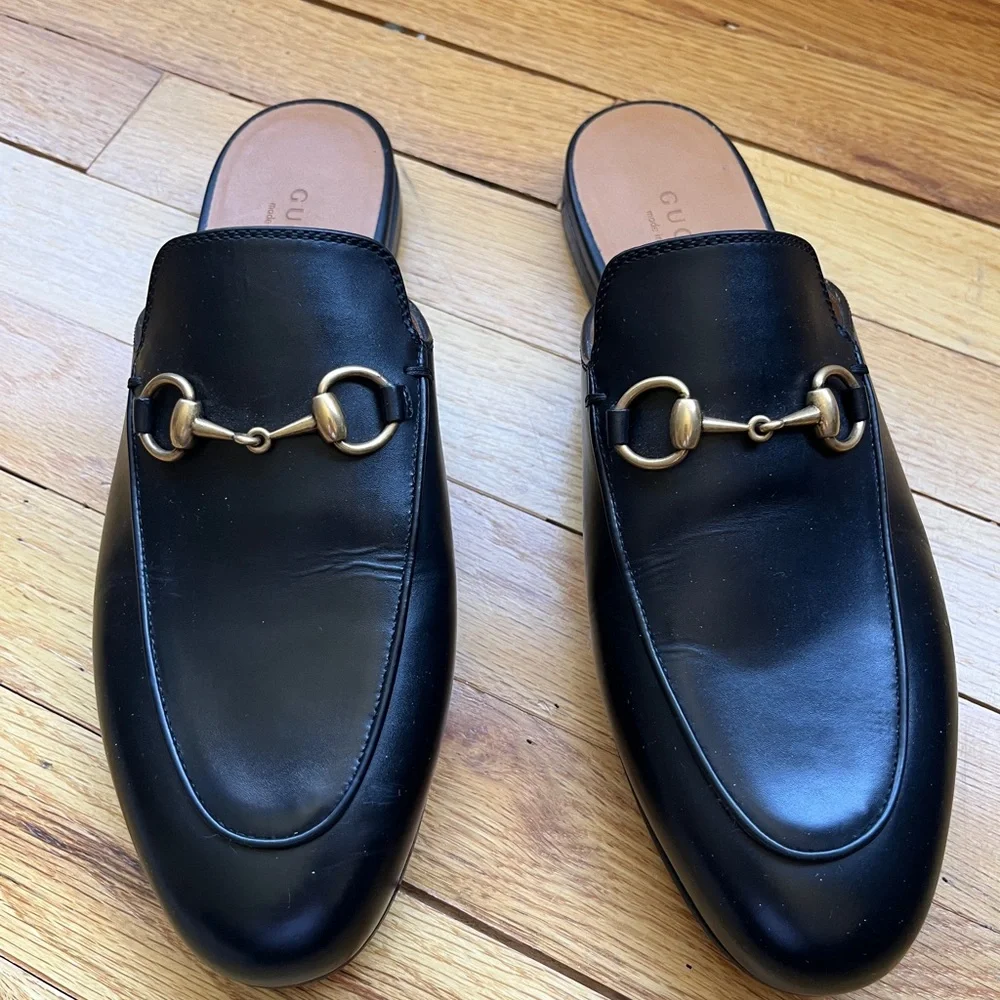 Gucci Black Leather Mules with Gold Hardware 7 37 Princetown Shoes Loafers - Picture 2 of 9
